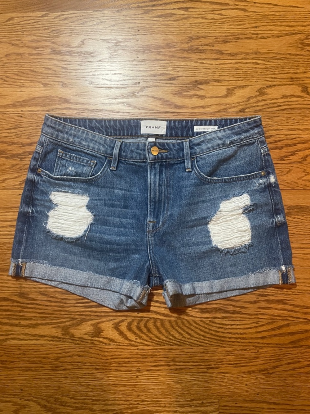 Frame Denim Distressed Dark Blue Rolled Hem Jean Shorts
